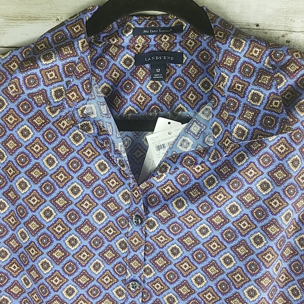 Lands' End, 0018, Blue Toile Prnt Shirt, Sz 12 - Picture 4 of 6